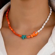 Resim 1 adet Kadınlar için Bohem Tarzı Cam Boncuk Kolye - El Boyalı Seramik Balıkçı & Yıldız Balığı Tasarımı, Turuncu ve Beyaz Oval Boncuklar, Günlük Giyim veya Partiler için Mükemmel, Plaj Aksesuarları 