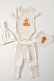 Resim tinylamb Fluffy Bear 4 Parça Unisex Bebek Kısa Kollu Pamuk Zıbın Pijama Bere Bandana Mini Yenidoğan Takımı 