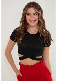 Resim Lela Fitilli Bel Detaylı Kısa Kollu Dar Kesim Crop Bayan Bluz 5864211 Siyah 