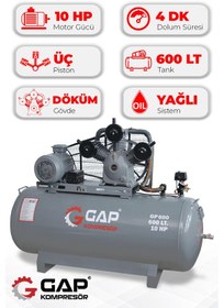 Resim Gap Kompresör GP600 Pistonlu 600 L 3 Kafa 8 Bar 10 HP Hava Kompresörü 