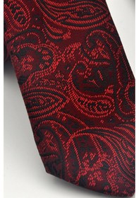 Resim Gaffy Siyah Şal Desenli Kırmızı Dokuma Kumaş Mendilli Slim Fit Kravat // Sdk-2607-4 Kırmızı 