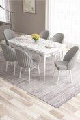 Resim Canisa Ves Serisi 80x132 Mdf Açılabilir Beyaz Mermer Yemek Odası Takımı 6 Gri Sandalye 