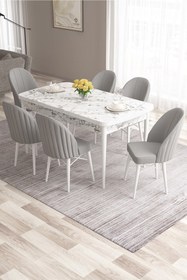 Resim Canisa Ves Serisi 80x132 Mdf Açılabilir Beyaz Mermer Yemek Odası Takımı 6 Gri Sandalye 