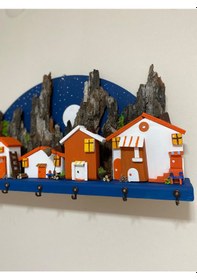 Resim 7 Kancalı El Yapımı Ahşap Ev Temalı Dekoratif Duvar Anahtarlık Askısı 50x25 Cm - 
