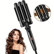 Resim Sıcaklık Kontrolü ile Kıvırıcı, Büyük Dalgalara ve Kıvırmalara Uygun Üç Kollu Tasarım, Su Dalga Dokusu, Siyah Katlanabilir Elektrikli Kıvırıcı. 