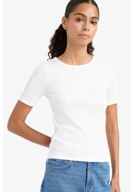 Resim Defacto Slim Fit Dar Kesim Bisiklet Yaka Basic Düz Fitilli Kaşkorse Kısa Kollu Tişört C0097ax25auer105 Ekru 