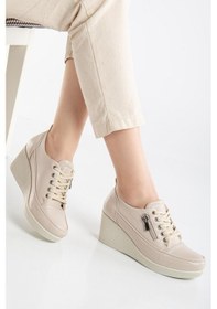 Resim Dilimler Ayakkabı Kadın Dolgu Topuklu Ayakkabı Bej Rugan Fermuarlı Bağcıklı-3878 Bej 