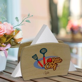 Resim BK Kişiye Özel Little Chef Tasarımlı Lüks Ahşap Peçetelik-1 