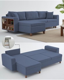 Resim Velura Home & Living Rengar Köşe Takımı & Yataklı Bazalı Keten Kumaş Sol Köşe Koltuk Takımı - Mavi v119 