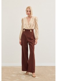 Resim Sateen Bel Aksesuarlı Pantolon - Kahve-136487 Kahve 
