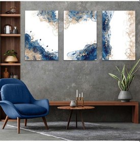 Resim Mavi Beyaz Kolaj 3'lü Mdf Tablo Set 