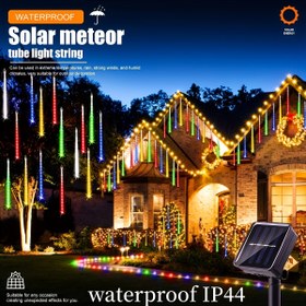 Resim 8 adet tüp meteor shower ışığı - güneş enerjili peyzaj ışıkları, bahçe sokakları, verandalar, çadırlar, düğünler, partiler, Noel, Şükran Günü ve Cadılar Bayramı süslemeleri için uygun, IP44 kamp ve yürüyüş dekorasyonu için güneş enerjili dış mekan yağmur ip ışıkları. 