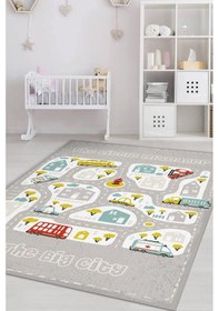 Resim Homshtag Küçük Müdür Yol Temalı Gri Renk Yumuşak Dokulu Çocuk Odası Halısı Çok Renkli 
