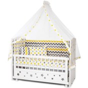 Resim Ahşap Beşik Anne Yanı Beşik Beyaz 60x120 Sarı Yıldız Çift Yastıklı Uyku Seti Yatak Sarı 