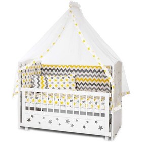Resim Ahşap Beşik Anne Yanı Beşik Beyaz 60x120 Sarı Yıldız Çift Yastıklı Uyku Seti Yatak Sarı 