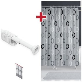 Resim Polyester Kumaş Geometrik Desen Gri Banyo Perdesi + Askı Aparatı C-halkalı Duş Perdesi Gri 