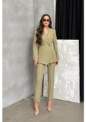 Resim Kadın İkili Blazer Ceket Pantolon Takım Pile Ve Düğme Detaylı Boru Paça Açık Haki 