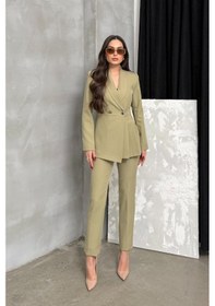 Resim Kadın İkili Blazer Ceket Pantolon Takım Pile Ve Düğme Detaylı Boru Paça Açık Haki 