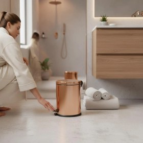 Resim İsaoğlu Yapı Bakır Pedallı Çöp Kovası Rose Bakır Paslanmaz Çelik Kova Bronz Banyo Çöp Kovası 