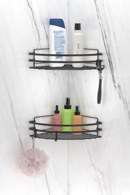 Resim Teknotel Banyo Düzenleyici Şampuanlık Yapışkanlı Kancalı 2 Adet Banyo Köşe Rafı Mat Siyah St207h 