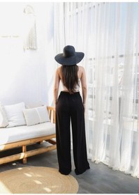 Resim Defymoda Keten Önü Çapraz Parçali Lasti Kli Ve Bağcikli Geni Ş Paça Pantolon Siyah 