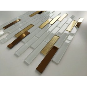 Resim MozaiKristaL Mutfak Tezgah Arası ve Iç Dekorasyon Için 20X98X4 Mm, 30 cm Fileli, Beyaz & Gold Mix Kristal Cam Mozaik. ( 1 Koli = 11 File Karo = 1 m2 Fiyatıdır ) 