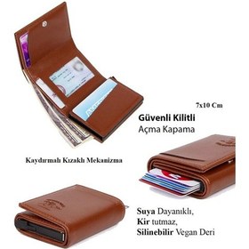 Resim Bürke Çok Gözlü Akıllı Kredi Kartlık Kartvizitlik Otomatik Unisex Cüzdan Mekanizmalı Deri Cüzdan Koyu Kahverengi 