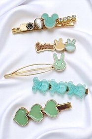 Resim PETEK AKSESUAR 5 Li Pens Yeşil Kalp Toka Set Tavşan 