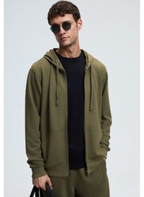 Resim Grimelange GAGE Erkek Kapüşonlu Metal Kuş Gözü Detaylı Fermuarlı Kordonlu Cepli Haki Sweatshirt 