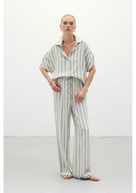 Resim Sateen Çizgili Keten Karışımlı Pantolon - Haki-136315 Haki 