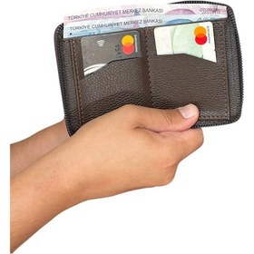 Resim Premium Serisi Özel Kutulu Lüks Deri Dikey Fermuarlı Cüzdan Kemer Kartlık Ve Çakmak Erkek Seti Kahverengi 