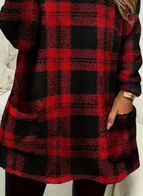 Resim Kadın Uzun Kollu Yarı Balıkçı Yakalı Cep Detaylı Ekoseli Dokuma Tunik - Desenli / 2XL-3XL 