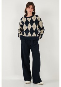Resim Lela Oversize Fit Bisiklet Yaka Baklava Desenli Yumuşak Dokulu Bayan Kazak 4616223 Lacivert 