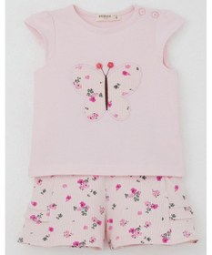 Resim Breeze Kız Bebek Şortlu Takım Çiçek Baskılı Kelebek Nakışlı Düğme Aksesuarlı 6 Ay-2 Yaş, Pembe Pembe 