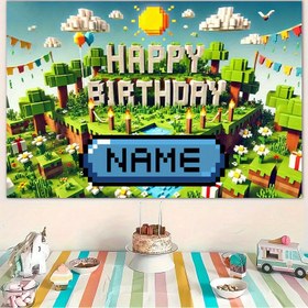 Resim 1 adet Özel Tasarım Polyester Mutlu Doğum Günü Bayrak - Retro Pixel Sanat Kalesi ve Gökyüzü Tasarımı ile Özel İsim, Renkli Süsler ve Festivite Uygun Dekorasyonlar için İç/ Dış Mekan Törenleri, Elektrik Gerektirmez, 90,5x70,8 İnç, Doğum Günü Partisi Dekorasyonları 