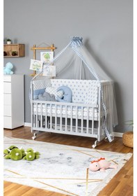 Resim Ahşap Beşik Anne Yanı Beşik Gri 70x130 - Mavi Yıldız 3 Yastıklı Uyku Seti + Yataklı + Tekerlekli Gri 