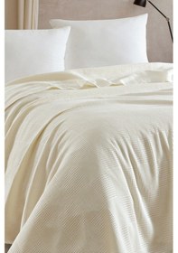 Resim Tek Kişilik %100 Pamuk Pike Örtü 160x230 Cm Karo Desenli Krem Weave Serisi Krem 