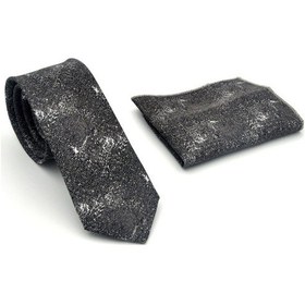 Resim Gaffy Gri Desenli Füme Dokuma Kumaş Mendilli Slim Fit Kravat // Sdk-2613-3 Gri 
