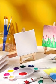 Resim 3'lü Çocuk Ressam Seti - 3 Ad. 20 x 20 cm Ön çizimli Tuval, 2 Ad. Fırça, Palet, Boya ve Şövale 