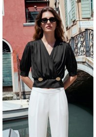 Resim Sateen Kısa Kollu Saten Bluz - Siyah-137441 