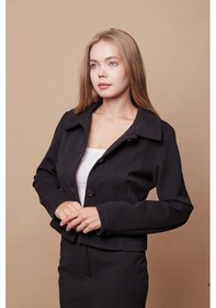 Resim Kadın Likralı Kaşe Kumaş Yakalı Cep Kapaklı Uzun Kol Düğmeli Kısa Blazer Ceket Kaban-siyah Siyah 