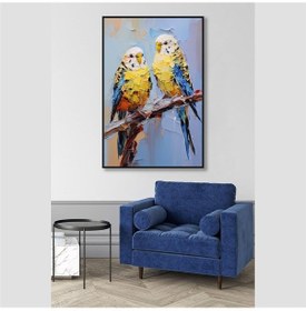 Resim Yağlı Boya Dokulu Tablo Dalda Muhabbet Kuşları Siyah Çerçeveli U04014-178928 