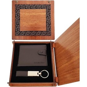 Resim Deri Ahşap Kutulu Cüzdan Ve Anahtarlık Set 