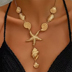 Resim Kadınlar İçin Kıyı Temalı Takı - Altın Tonlu Deniz Kabuğu ve Denizyıldızı Pandantif, Plaj Partisi Günlük Katmanlı Zincir, Yıl Boyunca Kullanılabilir Kadın Kolyesi, Tatil Stili, Cesur Aksesuar, Yüksek Kalite Pandantif, Moda Tutkunları İçin Şık Aksesuar 