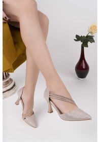 Resim Bulutmod Ba04412 Altın Simli Kadın Üç Taşlı Yanı Açık 8 Cm Topuklu Ayakkabı - 38 Altın Simli 