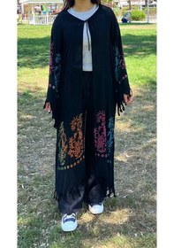 Resim Siyah Renkli Çiçek Desenli Kaftan Kimono Salaş Yazlık Plaj Ve Günlük Kullanım Çok Renkli 