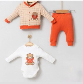 Resim 3-9 Ay Bear Çizgili Hırkalı 3'lü Bebek Takımı Kiremit Kiremit 