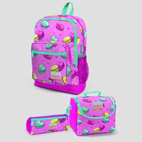 Resim Coral High Kids Açık Pembe Makaron Desenli Dört Bölmeli 3'lü Çanta Seti 23462set02 