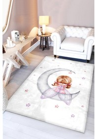 Resim Sevimli Ayda Oturan Kız Bambu Çocuk Halısı Beyaz 