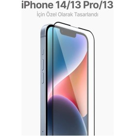 Resim Fibaks Apple iPhone 13/13 Pro/14/16E Uyumlu Kolay Uygulama Aparatlı Siyah Çerçeveli Tam Kapatan Cam Ekran Koruyucu 
